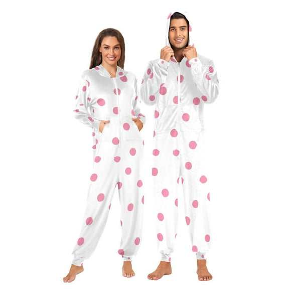 FORMRS Onesies Pajama for Adults Unisex Hoodie Winter Jumpsuit One Piece Sleepwear, Sizes S-2XL, Pink Polka Dots