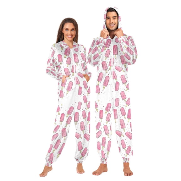 FORMRS Onesies Pajama for Adults Unisex Hoodie Winter Jumpsuit One Piece Sleepwear, Sizes S-2XL, Pink Popsicle Pattern