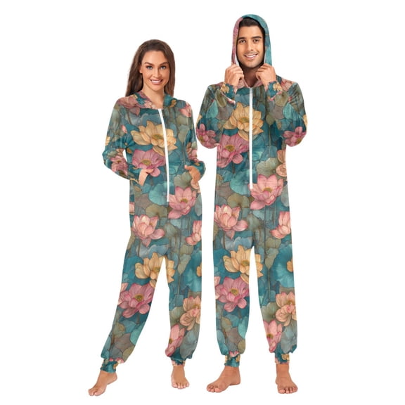 FORMRS Onesies Pajama for Adults Unisex Hoodie Winter Jumpsuit One Piece Sleepwear, Sizes S-2XL, Pink Water Lilies Pattern