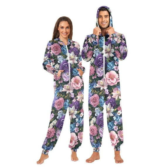 FORMRS Onesies Pajama for Adults Unisex Hoodie Winter Jumpsuit One Piece Sleepwear, Sizes S-2XL, Pink and Purple Flowers
