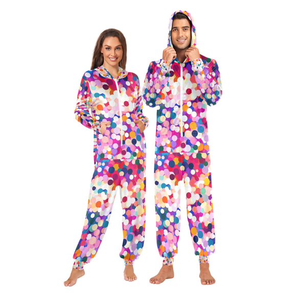 FORMRS Onesies Pajama for Adults Unisex Hoodie Winter Jumpsuit One Piece Sleepwear, Sizes S-2XL, Purple Colorful Circles