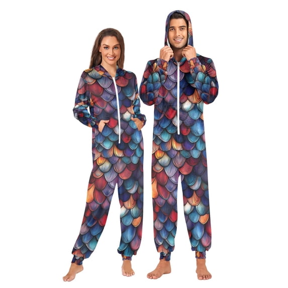 FORMRS Onesies Pajama for Adults Unisex Hoodie Winter Jumpsuit One Piece Sleepwear, Sizes S-2XL, Purple Dragon Scales Pattern