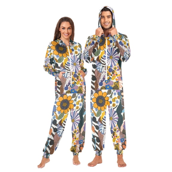 FORMRS Onesies Pajama for Adults Unisex Hoodie Winter Jumpsuit One Piece Sleepwear, Sizes S-2XL, Purple Flowers