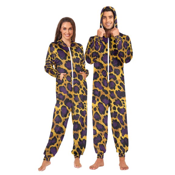 FORMRS Onesies Pajama for Adults Unisex Hoodie Winter Jumpsuit One Piece Sleepwear, Sizes S-2XL, Purple Leopard Pattern