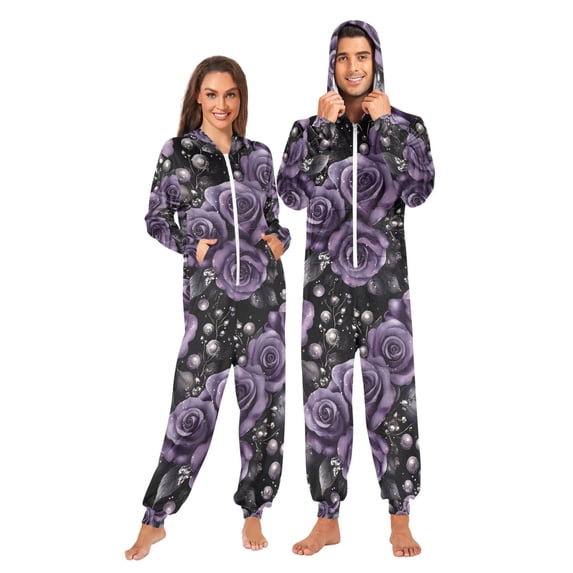 FORMRS Onesies Pajama for Adults Unisex Hoodie Winter Jumpsuit One Piece Sleepwear, Sizes S-2XL, Purple Roses