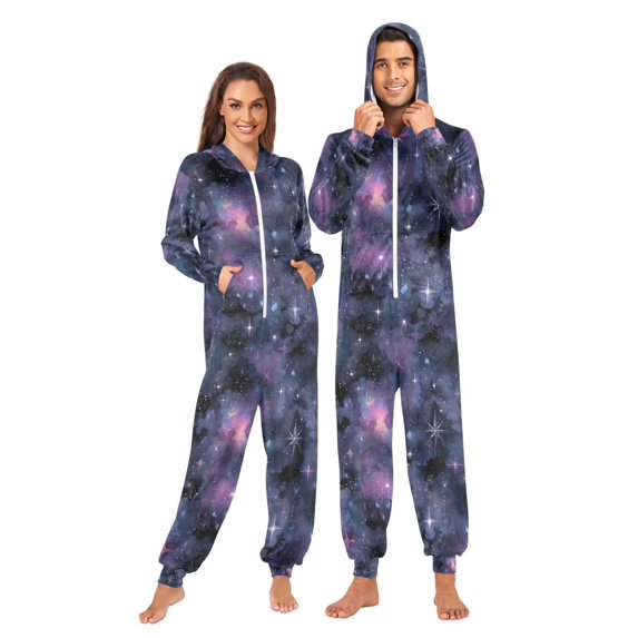 FORMRS Onesies Pajama for Adults Unisex Hoodie Winter Jumpsuit One Piece Sleepwear, Sizes S-2XL, Purple Sky Pattern
