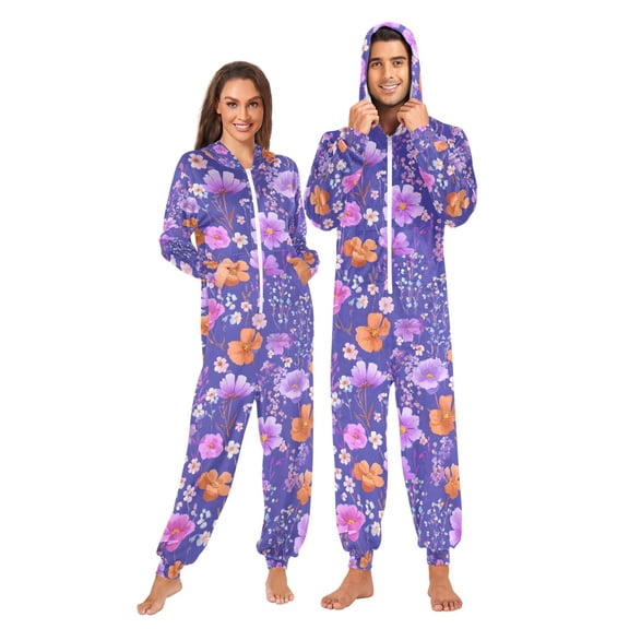 FORMRS Onesies Pajama for Adults Unisex Hoodie Winter Jumpsuit One Piece Sleepwear, Sizes S-2XL, Purple Wildflowers Pattern