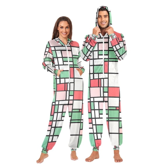 FORMRS Onesies Pajama for Adults Unisex Hoodie Winter Jumpsuit One Piece Sleepwear, Sizes S-2XL, Red Abstract Geometric