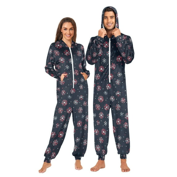FORMRS Onesies Pajama for Adults Unisex Hoodie Winter Jumpsuit One Piece Sleepwear, Sizes S-2XL, Red Fireworks Pattern