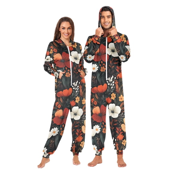 FORMRS Onesies Pajama for Adults Unisex Hoodie Winter Jumpsuit One Piece Sleepwear, Sizes S-2XL, Red Flowers Pattern