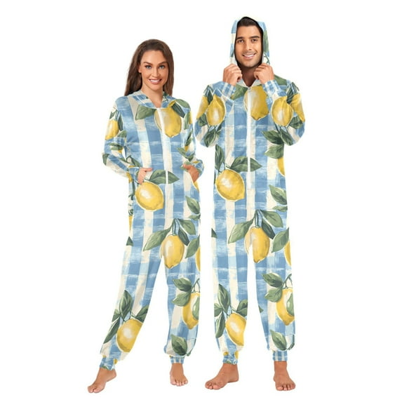 FORMRS Onesies Pajama for Adults Unisex Hoodie Winter Jumpsuit One Piece Sleepwear, Sizes S-2XL, Retro Lemon Leaves