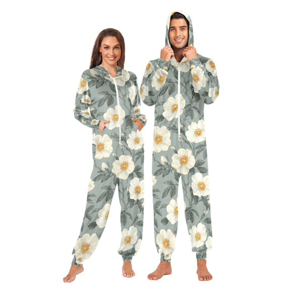 FORMRS Onesies Pajama for Adults Unisex Hoodie Winter Jumpsuit One Piece Sleepwear, Sizes S-2XL, Sage Green Flower Pattern