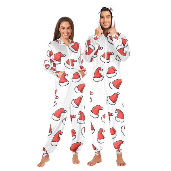 FORMRS Onesies Pajama for Adults Unisex Hoodie Winter Jumpsuit One Piece Sleepwear, Sizes S-2XL, Santa Hats Pattern