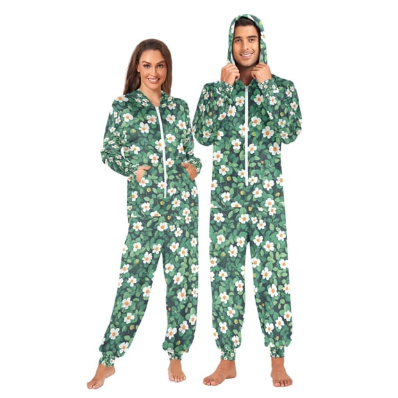 FORMRS Onesies Pajama for Adults Unisex Hoodie Winter Jumpsuit One Piece Sleepwear, Sizes S-2XL, Small White Flowers