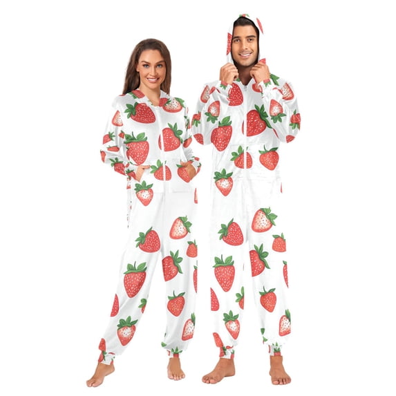 FORMRS Onesies Pajama for Adults Unisex Hoodie Winter Jumpsuit One Piece Sleepwear, Sizes S-2XL, Strawberry