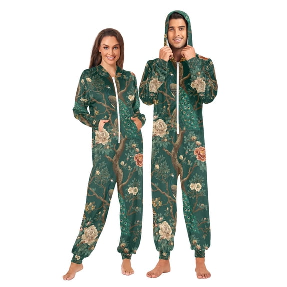 FORMRS Onesies Pajama for Adults Unisex Hoodie Winter Jumpsuit One Piece Sleepwear, Sizes S-2XL, Tiger and Peacock Pattern