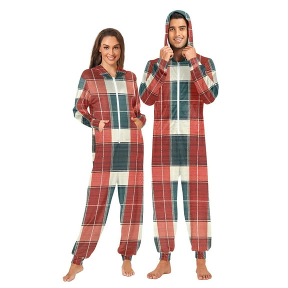 FORMRS Onesies Pajama for Adults Unisex Hoodie Winter Jumpsuit One Piece Sleepwear, Sizes S-2XL, Vibrant Red Tartan Pattern