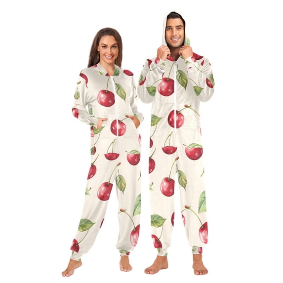 FORMRS Onesies Pajama for Adults Unisex Hoodie Winter Jumpsuit One Piece Sleepwear, Sizes S-2XL, Watercolor Cherry