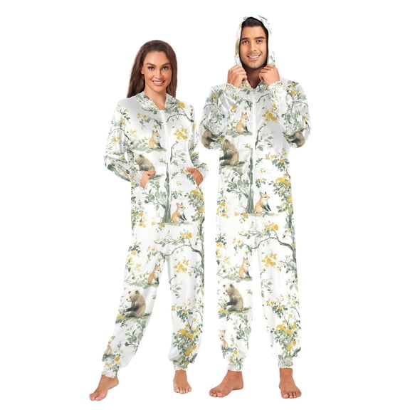 FORMRS Onesies Pajama for Adults Unisex Hoodie Winter Jumpsuit One Piece Sleepwear, Sizes S-2XL, Watercolor Forest Animals