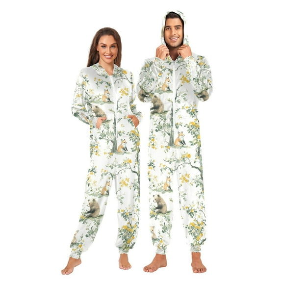 FORMRS Onesies Pajama for Adults Unisex Hoodie Winter Jumpsuit One Piece Sleepwear, Sizes S-2XL, Watercolor Forest Animals