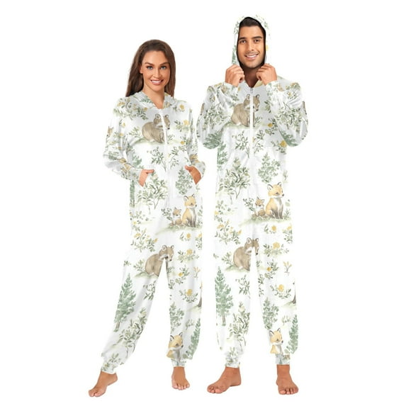 FORMRS Onesies Pajama for Adults Unisex Hoodie Winter Jumpsuit One Piece Sleepwear, Sizes S-2XL, Watercolor Forest Pattern