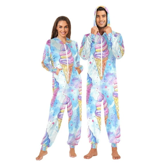 FORMRS Onesies Pajama for Adults Unisex Hoodie Winter Jumpsuit One Piece Sleepwear, Sizes S-2XL, Watercolor Ice Cream Pattern