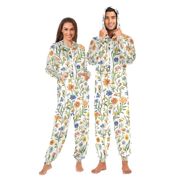 FORMRS Onesies Pajama for Adults Unisex Hoodie Winter Jumpsuit One Piece Sleepwear, Sizes S-2XL, Watercolor Wildflowers Pattern