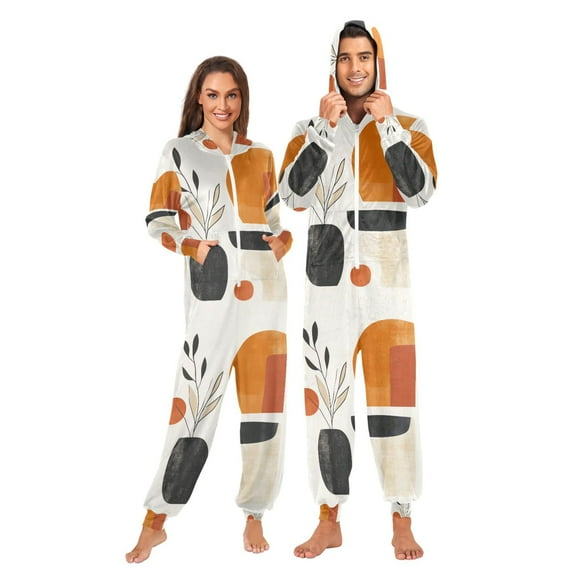 FORMRS Onesies Pajama for Adults Unisex Hoodie Winter Jumpsuit One Piece Sleepwear, Sizes S-2XL, White Abstract Shapes