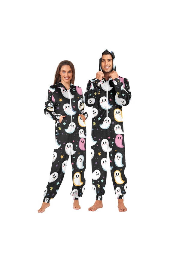 Onesies Pajama for Adults Unisex Hoodie Winter Jumpsuit One Piece Sleepwear, Sizes S-2XL, White Halloween Ghost