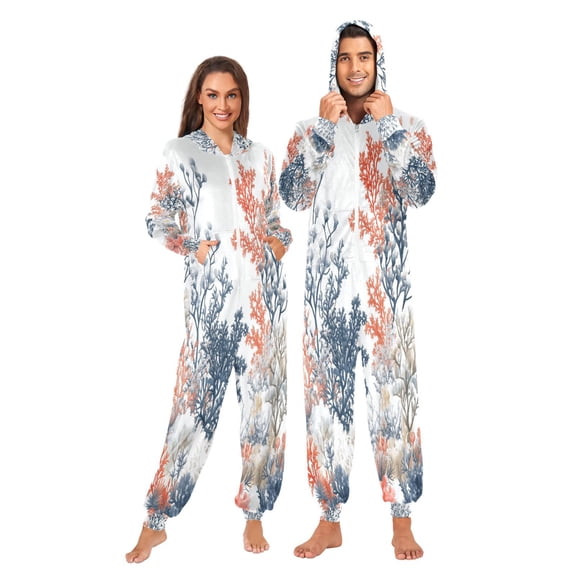 FORMRS Onesies Pajama for Adults Unisex Hoodie Winter Jumpsuit One Piece Sleepwear, Sizes S-2XL, White Sea Plants