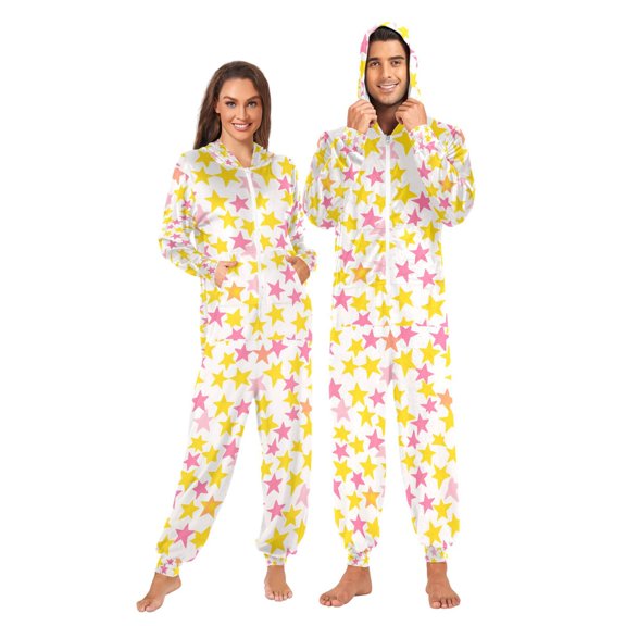 FORMRS Onesies Pajama for Adults Unisex Hoodie Winter Jumpsuit One Piece Sleepwear, Sizes S-2XL, White Stars Pattern
