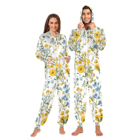 FORMRS Onesies Pajama for Adults Unisex Hoodie Winter Jumpsuit One Piece Sleepwear, Sizes S-2XL, Yellow Floral