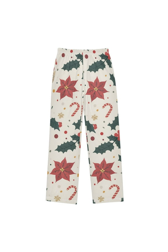 Boys Pajama Pants with Pockets Size 6-8Y Kids Lounge Sleep Bottoms, Beige Christmas Candy Canes