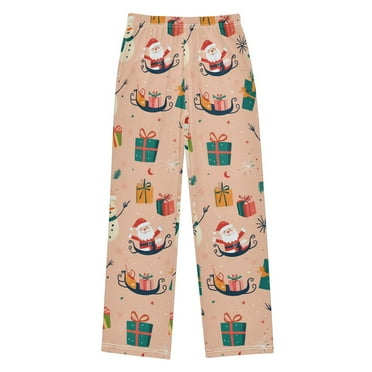 FORMRS Pajama Pants for Kids with Pockets Size 6-8Y Boys Sleep Bottoms, Beige Christmas Snowman