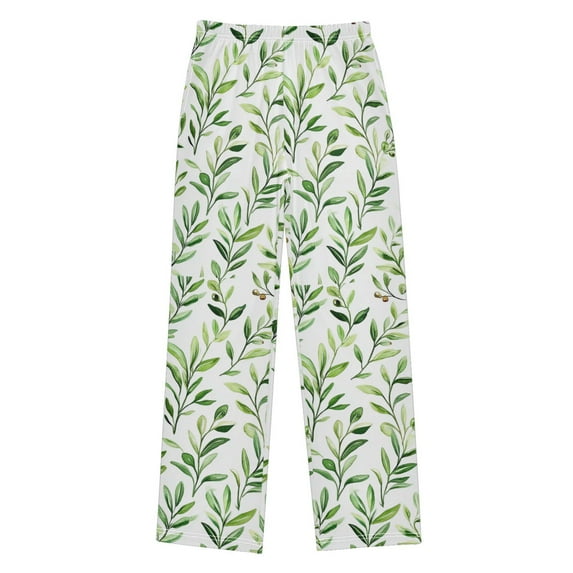 FORMRS Boys Pajama Pants with Pockets Size 6-8Y Kids Lounge Sleep Bottoms, Green Leafy Pattern