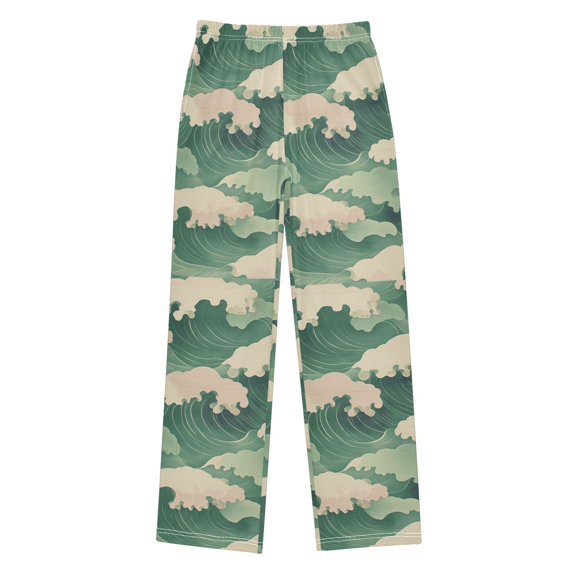 FORMRS Boys Pajama Pants with Pockets Size 6-8Y Kids Lounge Sleep Bottoms, Green Wave Pattern