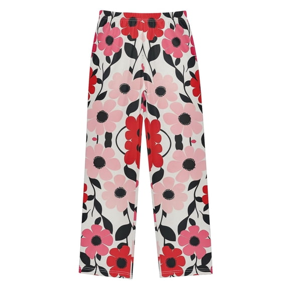 FORMRS Boys Pajama Pants with Pockets Size 6-8Y Kids Lounge Sleep Bottoms, Pink and Red Flowers