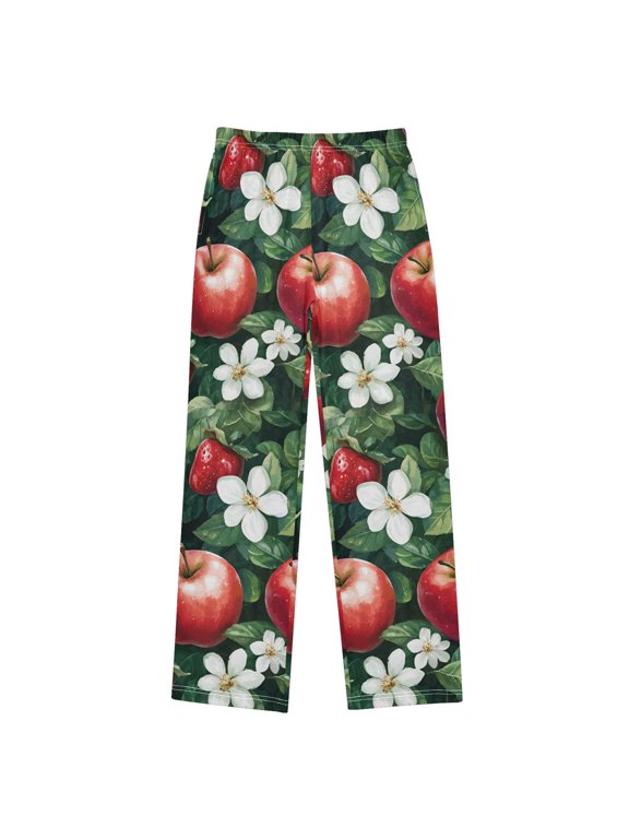 Boys Pajama Pants with Pockets Size 6-8Y Kids Lounge Sleep Bottoms, Red Apple Pattern