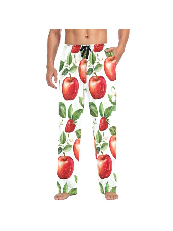 Mens Pajama Pants with Pockets Soft Cotton Sleepwear Lounge Bottoms, Sizes S-2XL, Apple Pattern