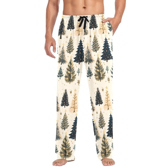 FORMRS Mens Pajama Pants with Pockets Soft Cotton Sleepwear Lounge Bottoms, Sizes S-2XL, Beige Christmas Trees
