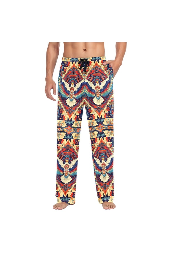 Mens Pajama Pants with Pockets Soft Cotton Sleepwear Lounge Bottoms, Sizes S-2XL, Beige Geometric Eagle