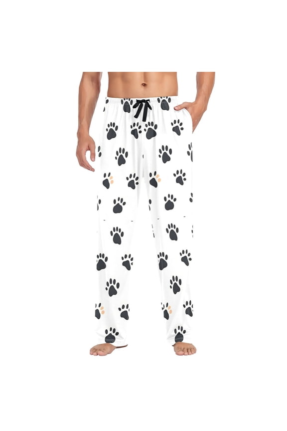 Mens Pajama Pants with Pockets Sleepwear Lounge Bottoms Sizes S-2XL, Black Cartoon Cat Paw