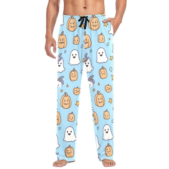 FORMRS Mens Pajama Pants with Pockets Soft Cotton Sleepwear Lounge Bottoms, Sizes S-2XL, Blue Halloween Ghosts