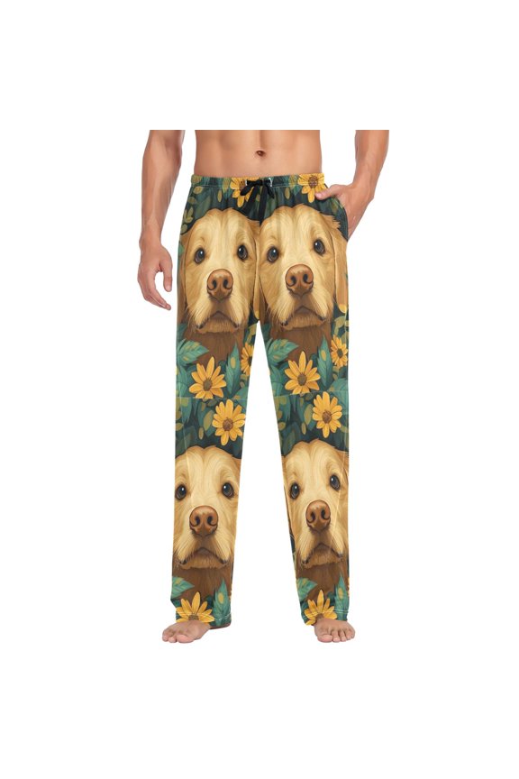 Mens Pajama Pants with Pockets Sleepwear Lounge Bottoms Sizes S-2XL, Flowers and Dog