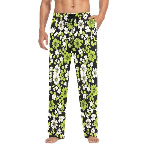 FORMRS Mens Pajama Pants with Pockets Sleepwear Lounge Bottoms Sizes S-2XL, Green Flower Pattern