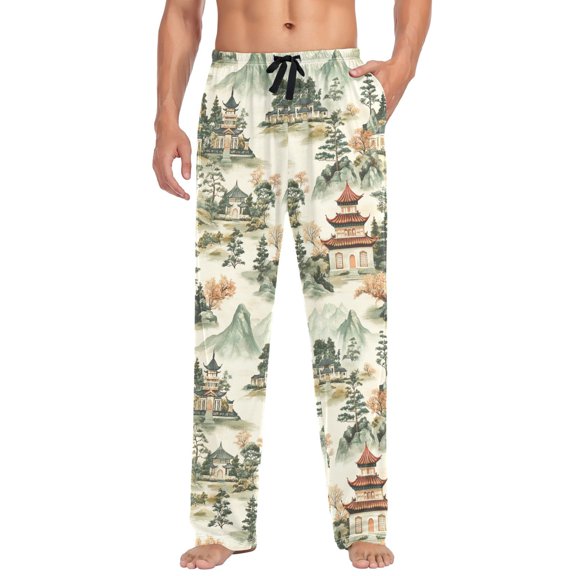 FORMRS Mens Pajama Pants with Pockets Soft Cotton Sleepwear Lounge Bottoms, Sizes S-2XL, Green Mountain Pattern