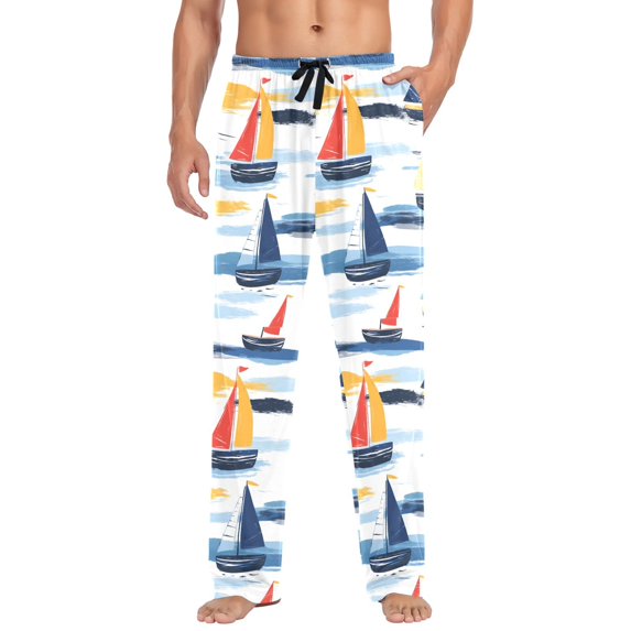 FORMRS Mens Pajama Pants with Pockets Sleepwear Lounge Bottoms Sizes S-2XL, Orange Hand Drawn Sailboats