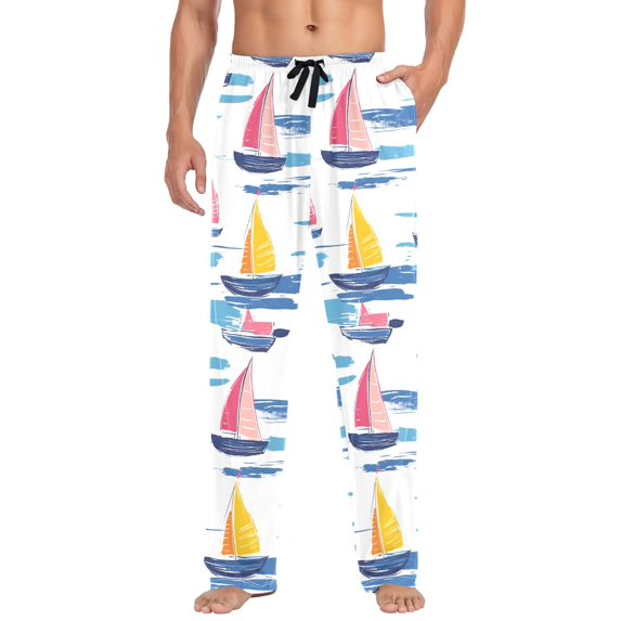 FORMRS Mens Pajama Pants with Pockets Sleepwear Lounge Bottoms Sizes S-2XL, Pink Hand Drawn Sailboats