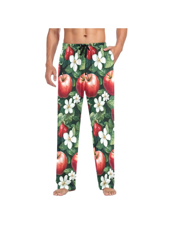 Mens Pajama Pants with Pockets Soft Cotton Sleepwear Lounge Bottoms, Sizes S-2XL, Red Apple Pattern
