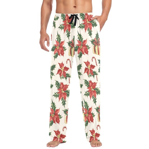 FORMRS Mens Pajama Pants with Pockets Sleepwear Lounge Bottoms Sizes S-2XL, Red Christmas Poinsettia